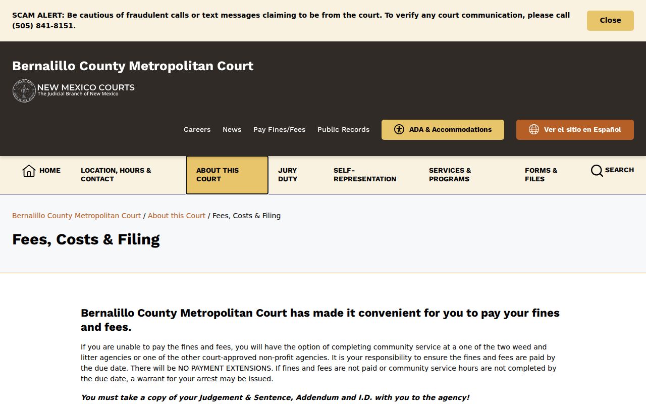 Bernalillo County civil docket Metro Court fee information