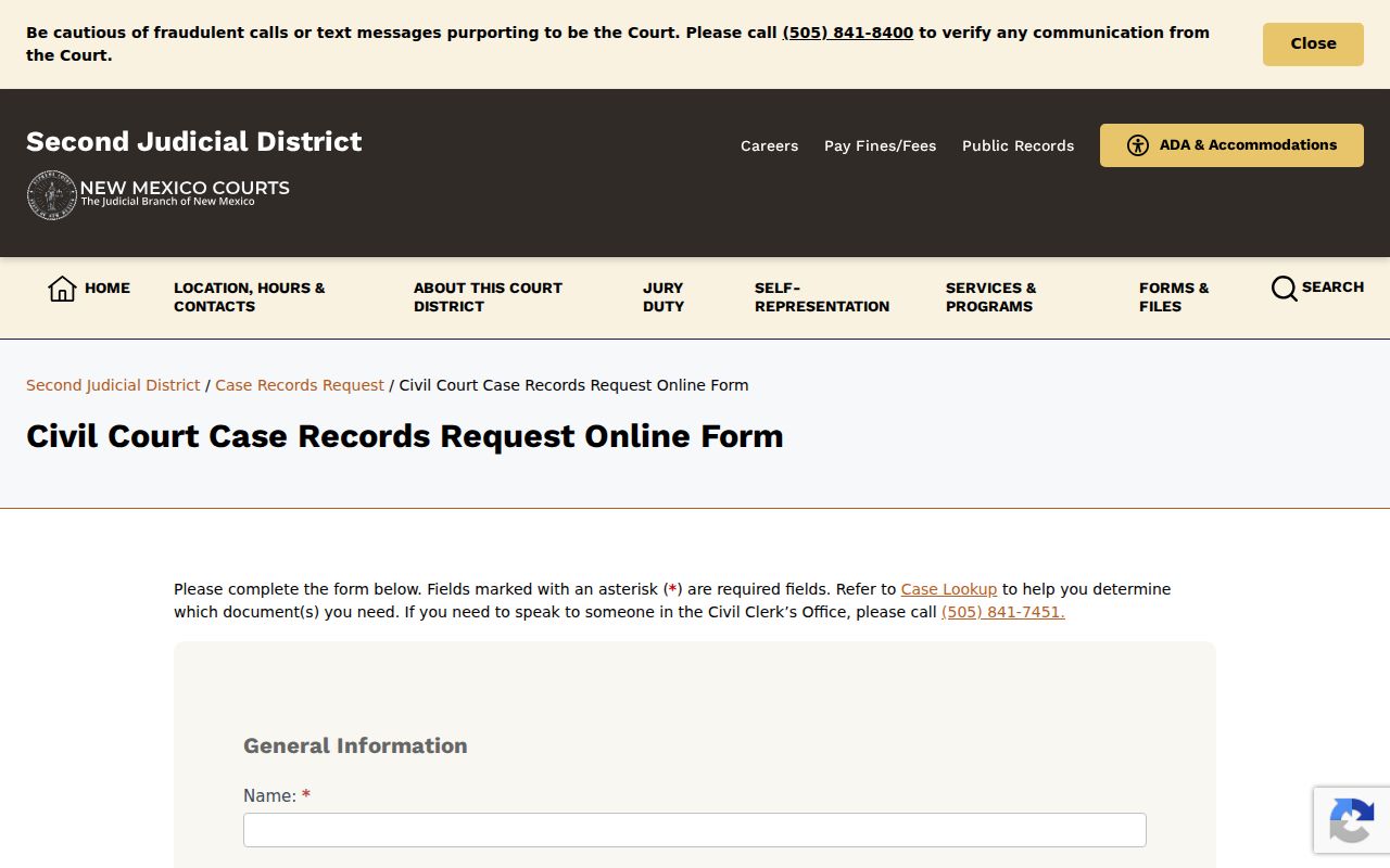 Bernalillo County civil docket document request form fields