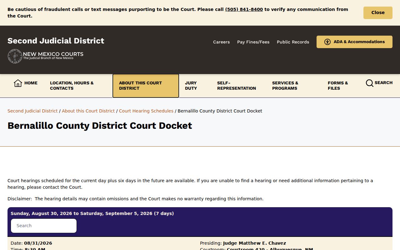Bernalillo County court dates District Court docket page