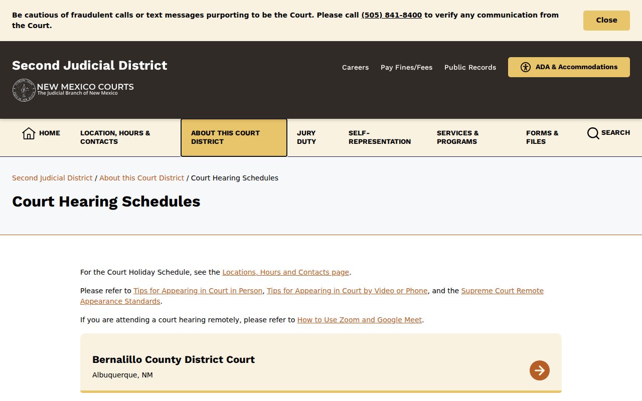 Bernalillo County court dates Second District calendar index