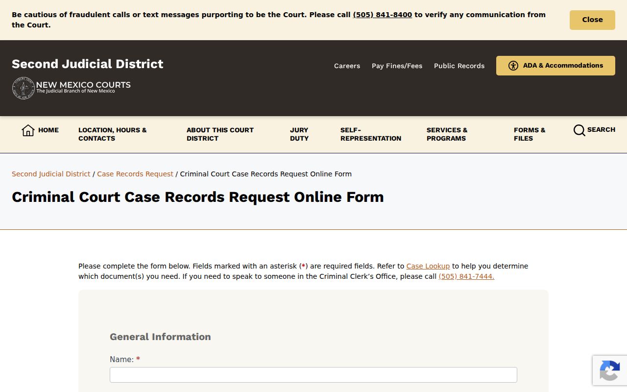 Bernalillo County criminal docket records request form fields
