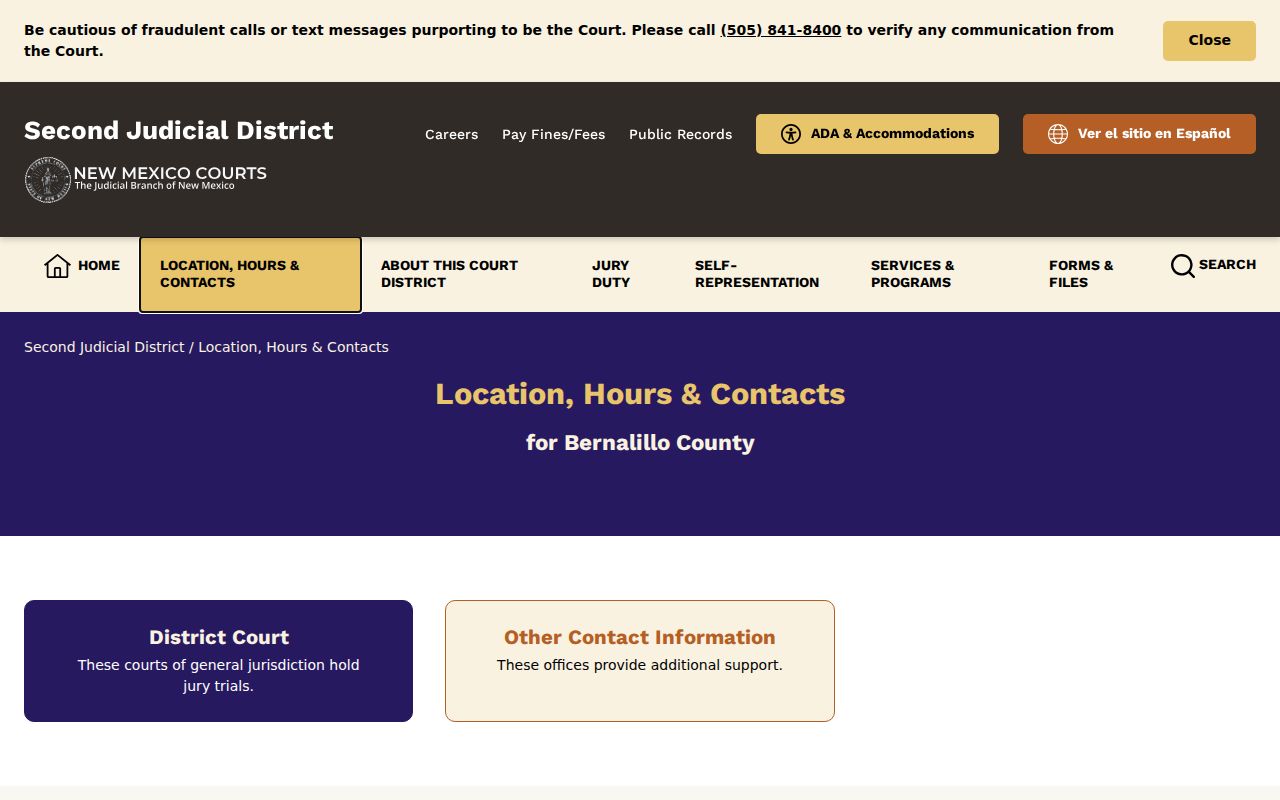 Bernalillo County court docket Second Judicial District Court contact page