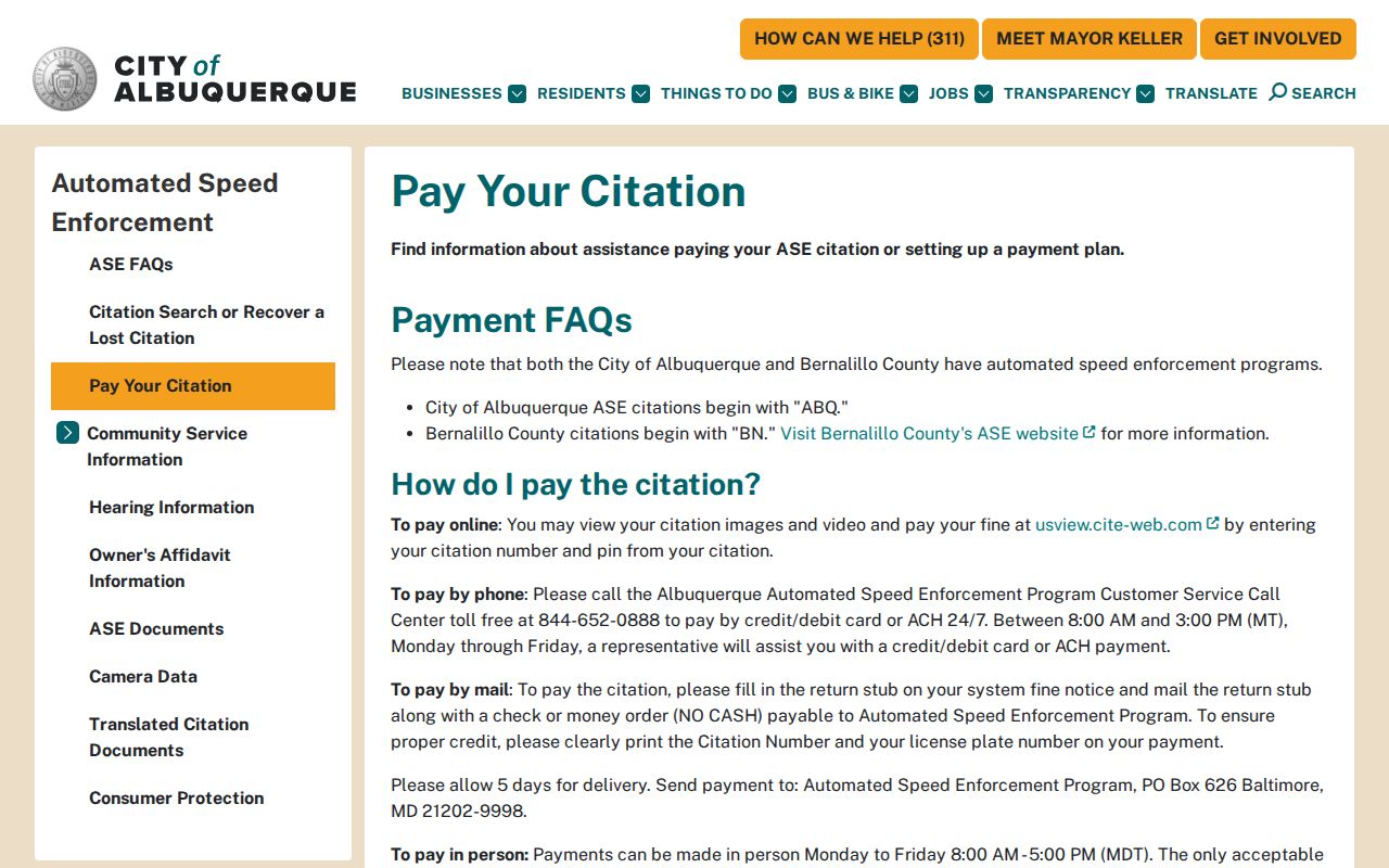 Bernalillo County traffic tickets automated speed citation payment and hearing options